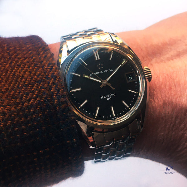 Eterna Matic KonTiki 20 Date Black Dial Beads of Rice Bracelet 1969