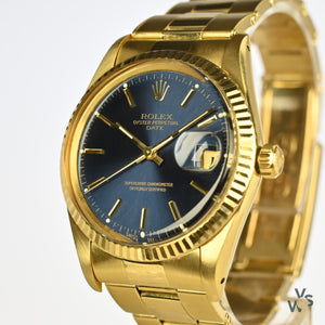 Rolex Oyster Perpetual Date 14K Gold - Blue Dial - Vintage Watch Specialist