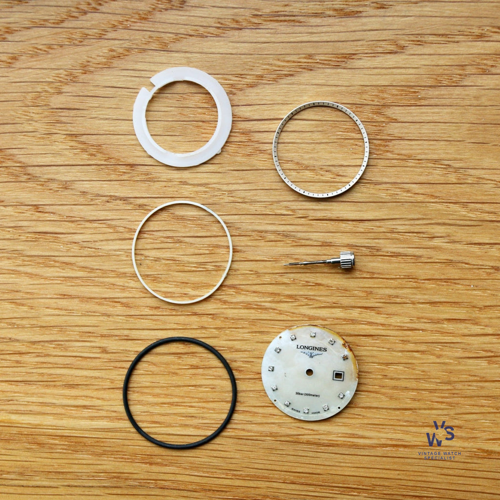 23mm Longines Mother of Pearl Dial Bezel gasket ring seal stem and crown - Spares/Repairs - Vintage Watch Specialist