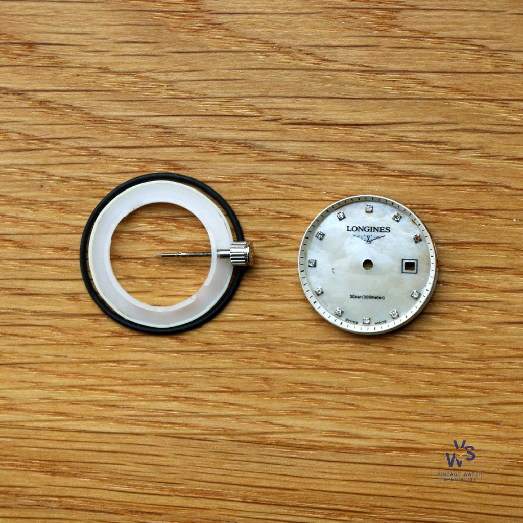 23mm Longines Mother of Pearl Dial Bezel gasket ring seal stem and crown - Spares/Repairs - Vintage Watch Specialist