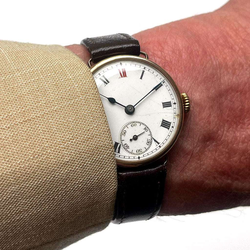 Anonymous Dial Officers Trench Watch - 9k Gold Case Signed 'AK' - c.1915
