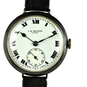 JW Benson Trench Watch Silver - c.1915 - Roman Numeral Enamel Dial