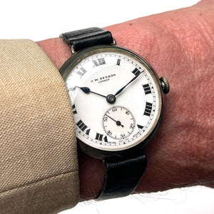 JW Benson Trench Watch Silver - c.1915 - Roman Numeral Enamel Dial