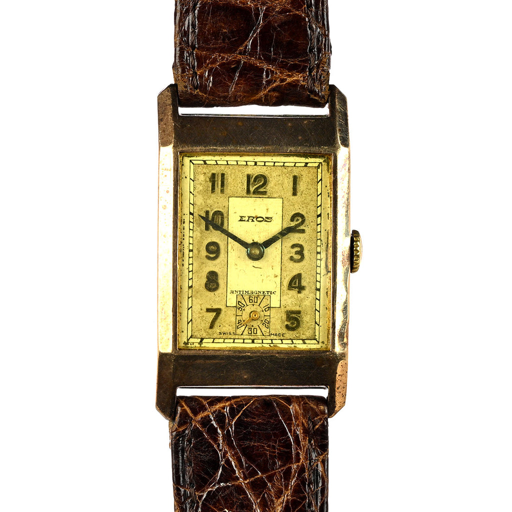 Eros 9k Gold Tank Cased Watch - Art Deco Style - 1941 Christmas Inscription - Hallmarked c.1939