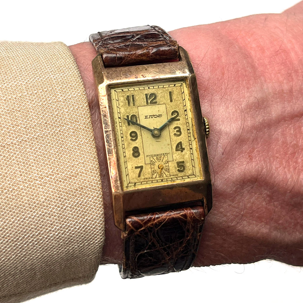 Eros 9k Gold Tank Cased Watch - Art Deco Style - 1941 Christmas Inscription - Hallmarked c.1939