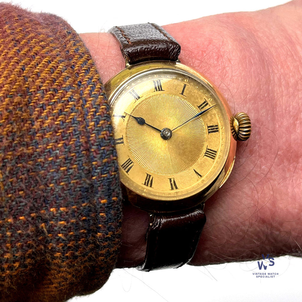 Anonymous Dial 18k Gold Trench Style Watch - Roman Numeral Dial - c.1920s - Vintage Watch Specialist