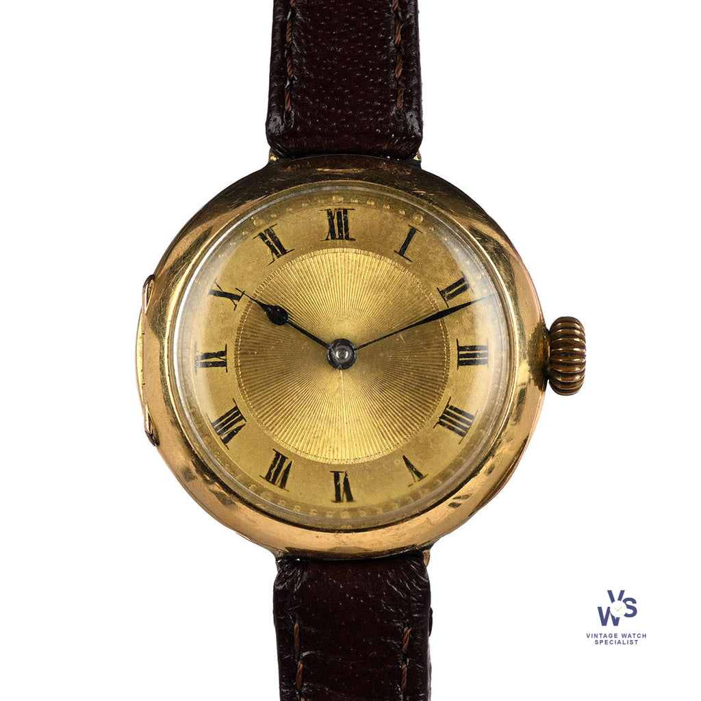 Anonymous Dial 18k Gold Trench Style Watch - Roman Numeral Dial - c.1920s - Vintage Watch Specialist