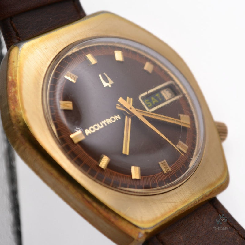 Bulova Accutron - Day/Date - Chocolate Dial - Gold Plated - Tonneau Shape - Vintage Watch Specialist