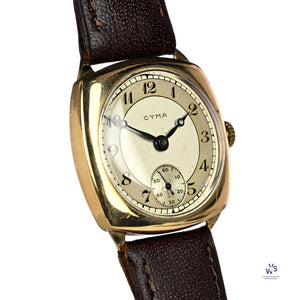 Cyma Cushion Case Breguet Dial Watch - Dennison 9k Gold Case - c.1940s - Vintage Watch Specialist