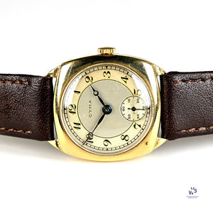 Cyma Cushion Case Breguet Dial Watch - Dennison 9k Gold Case - c.1940s - Vintage Watch Specialist
