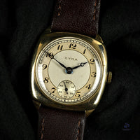Cyma Cushion Case Breguet Dial Watch - Dennison 9k Gold Case - c.1940s - Vintage Watch Specialist