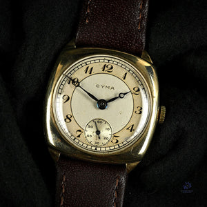 Cyma Cushion Case Breguet Dial Watch - Dennison 9k Gold Case - c.1940s - Vintage Watch Specialist