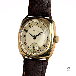 Cyma Cushion Case Breguet Dial Watch - Dennison 9k Gold Case - c.1940s - Vintage Watch Specialist