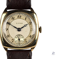Cyma Cushion Case Breguet Dial Watch - Dennison 9k Gold Case - c.1940s - Vintage Watch Specialist
