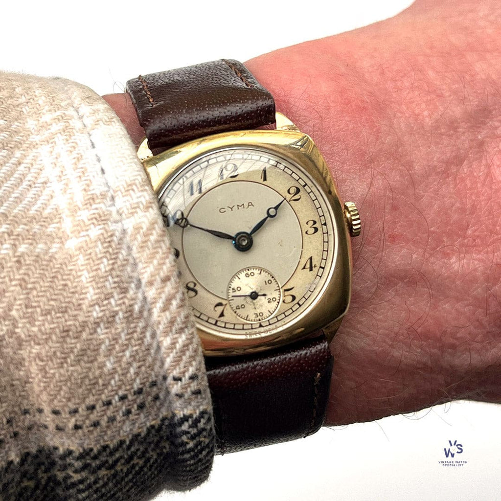 Cyma Cushion Case Breguet Dial Watch - Dennison 9k Gold Case - c.1940s - Vintage Watch Specialist