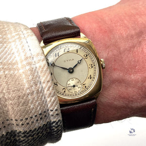 Cyma Cushion Case Breguet Dial Watch - Dennison 9k Gold Case - c.1940s - Vintage Watch Specialist
