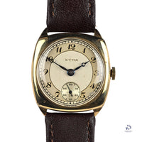Cyma Cushion Case Breguet Dial Watch - Dennison 9k Gold Case - c.1940s - Vintage Watch Specialist