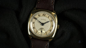 Cyma Cushion Case Breguet Dial Watch - Dennison 9k Gold Case - c.1940s - Vintage Watch Specialist