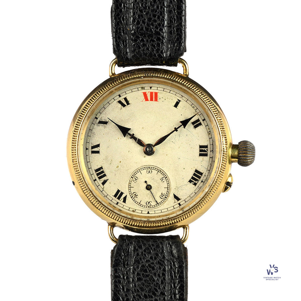 Electa Oversized Borgel Cased Trench Watch in 18k Gold c.1920s Vintage Watch Specialist