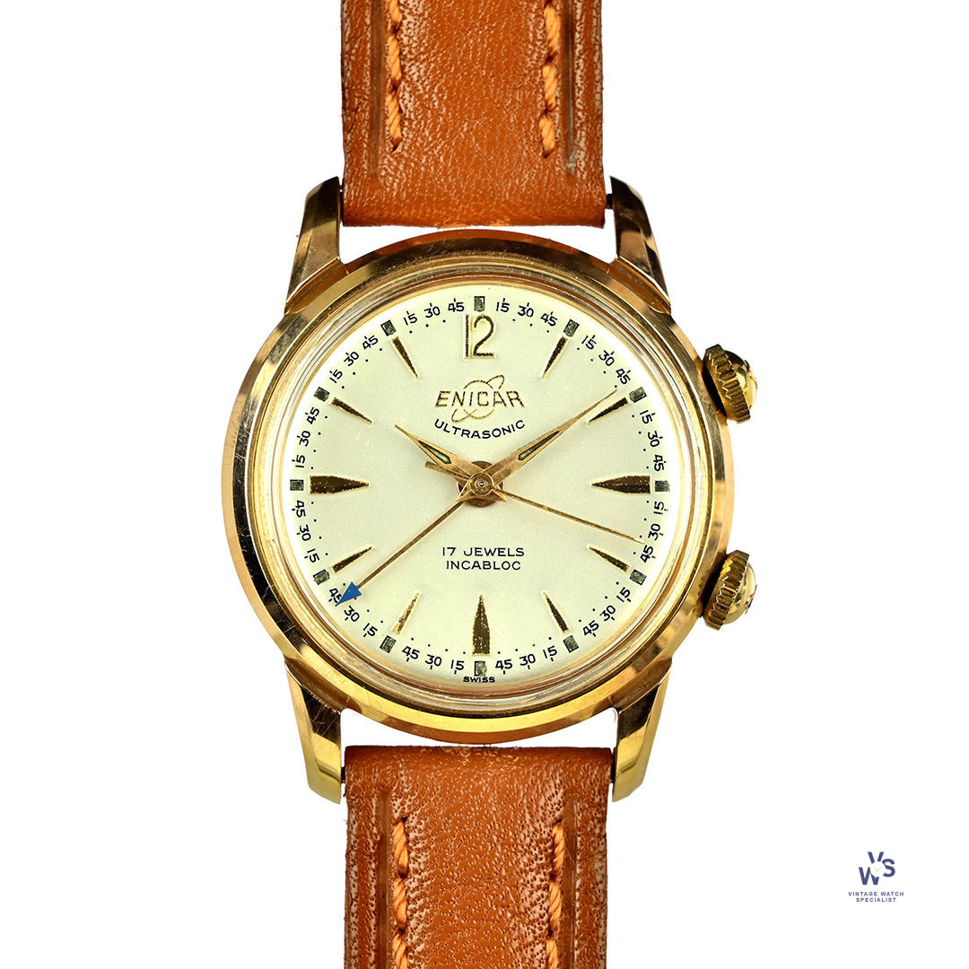 Enicar Ultrasonic Gold Plated Alarm Watch New Old Stock Condition Vintage Watch Specialist