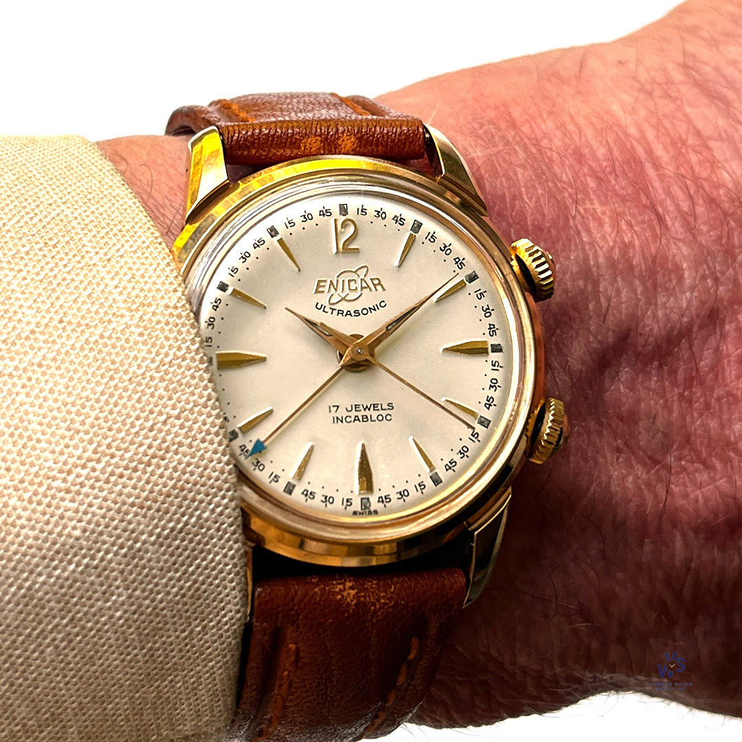 Enicar Ultrasonic Gold Plated Alarm Watch New Old Stock Condition Vintage Watch Specialist