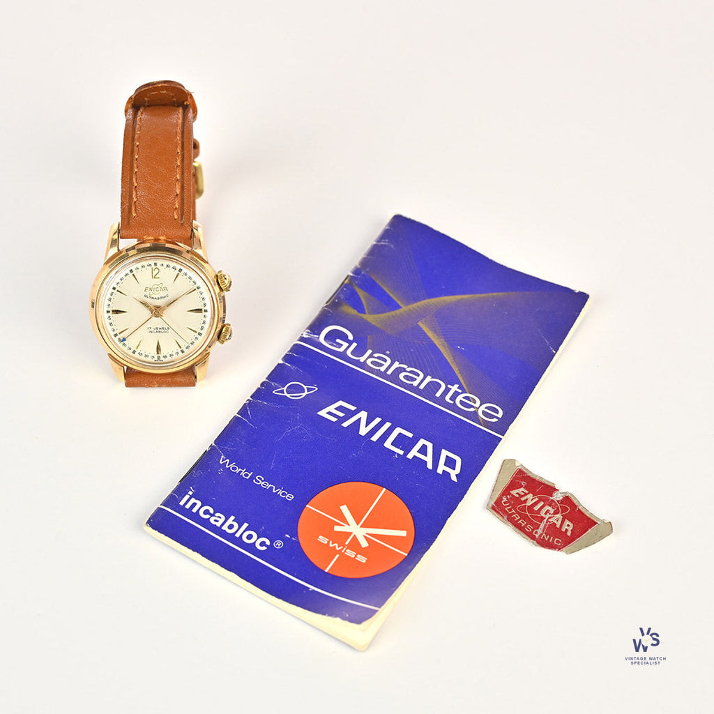 Enicar Ultrasonic Gold Plated Alarm Watch (NOS) - Manual - c.1960s - Vintage Watch Specialist