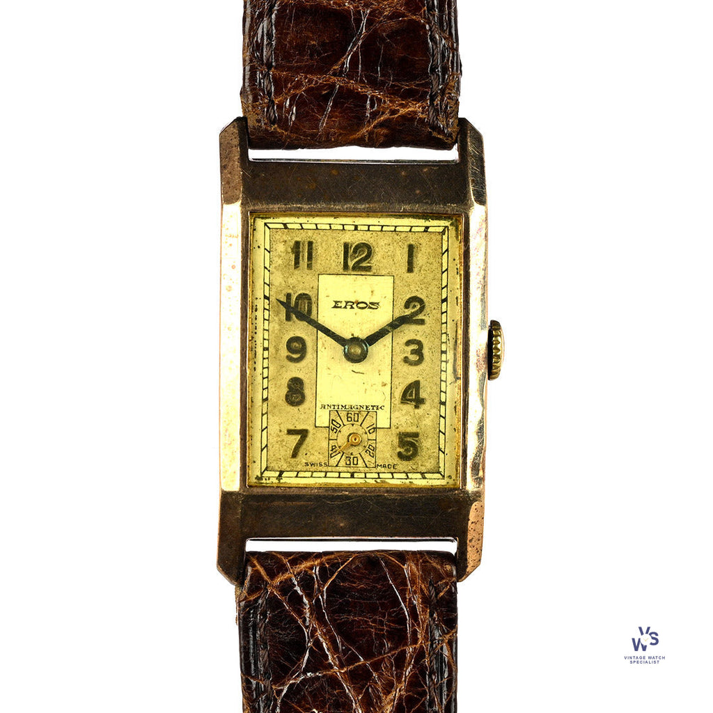 Eros 9k Gold Tank Cased Watch Art Deco Style 1941 Christmas Inscription Hallmarked c.1939 Vintage Watch Specialist