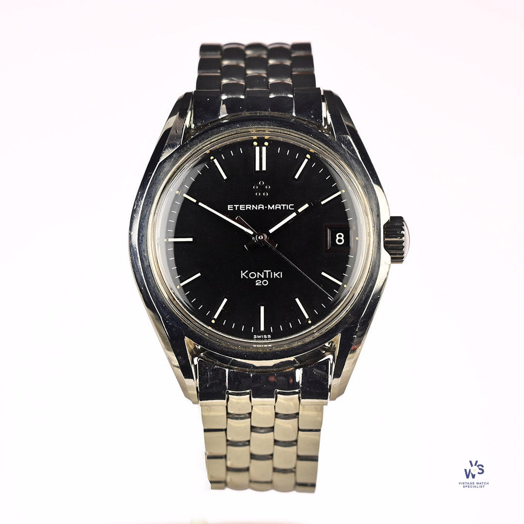 Eterna-Matic KonTiki 20 Date - Black Dial Beads of Rice Bracelet 1969 Vintage Watch Specialist