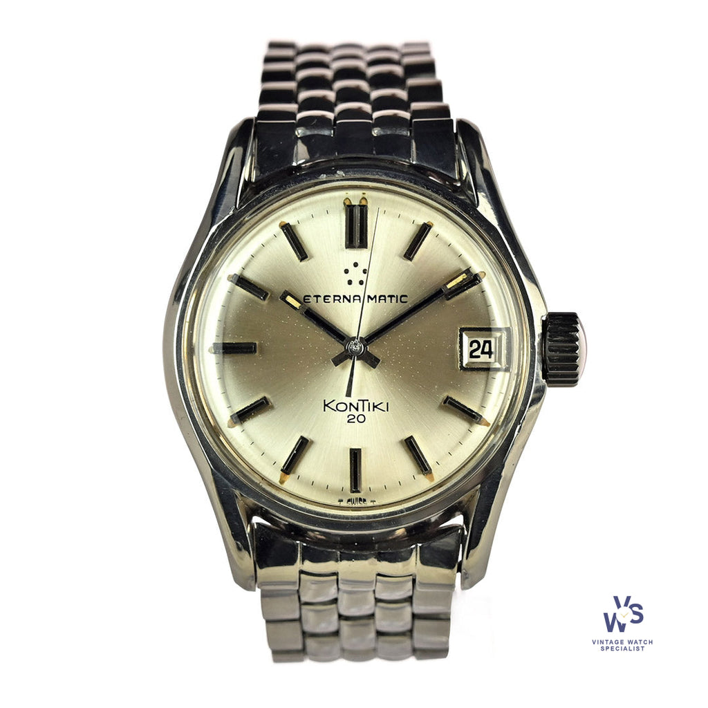 Eterna-Matic - Kontiki 20 - Silver Sunburst Dial with Date - c.1967 - On a Dual Signed Gay Freres Bracelet - Vintage Watch Specialist