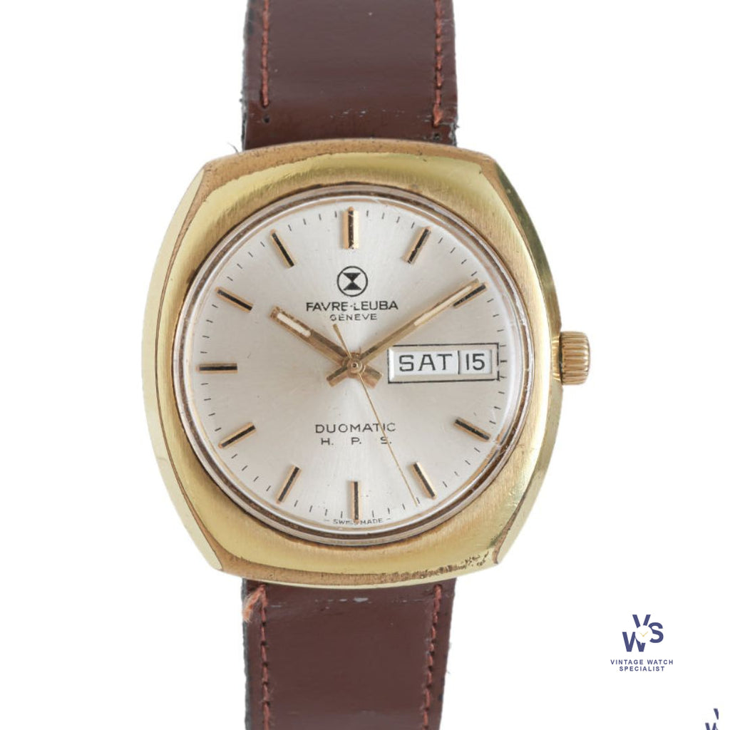 Favre-Leuba Duomatic H.P.S. Automatic Calendar - Gold Plated Cushion Case - c.1975 - Vintage Watch Specialist