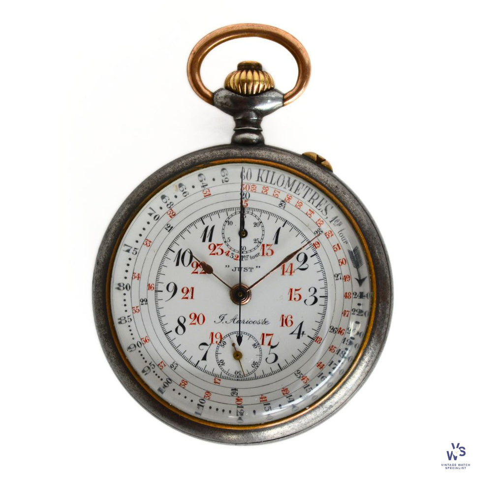 J Auricoste - ’Just’ - Chronograph Marine Pocket Watch - Lemania Movement - c.1918 - Vintage Watch Specialist