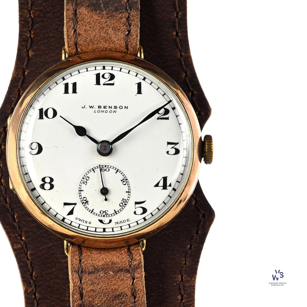 J.W Benson 9K Gold WW1 Trench Watch Breguet Style Dial c.1915 Vintage Watch Specialist