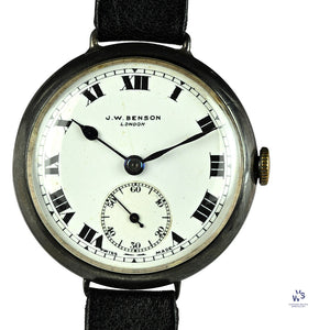 JW Benson Trench Watch Silver - c.1915 - Roman Numeral Enamel Dial - Vintage Watch Specialist