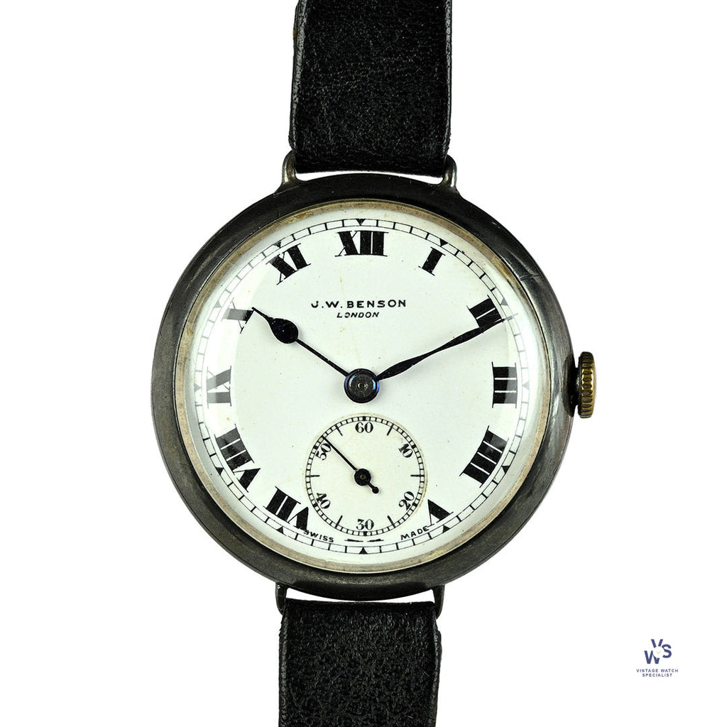 JW Benson Trench Watch Silver - c.1915 - Roman Numeral Enamel Dial - Vintage Watch Specialist