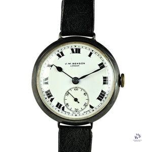 JW Benson Trench Watch Silver - c.1915 - Roman Numeral Enamel Dial - Vintage Watch Specialist