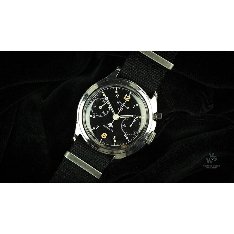 Lemania 6BB/924 Military Issued Single Pusher Chronograph - Black Dial - 1963 - Vintage Watch Specialist