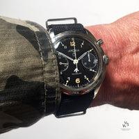 Lemania 6BB/924 Military Issued Single Pusher Chronograph - Black Dial - 1963 - Vintage Watch Specialist