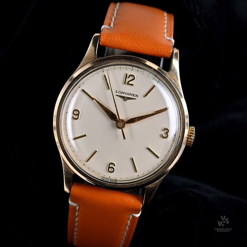 Longines 9k Gold Dress Watch - Explorer Dial - Dennison Case - c.1955 - Vintage Watch Specialist