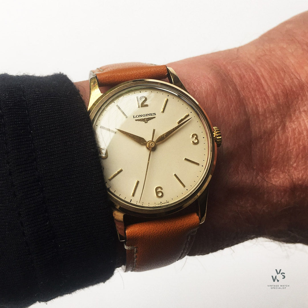 Longines 9k Gold Dress Watch - Explorer Dial - Dennison Case - c.1955 Vintage Watch Specialist Longines 9k Gold Dress Watch - Explorer Dial - Dennison Case - c.1955 Vintage Watch Specialist
