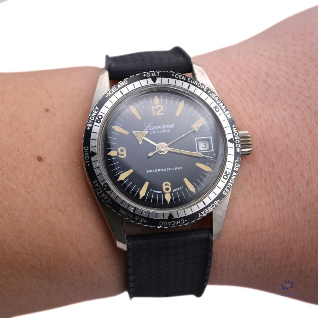 Lucerne Calendar - A Vintage 1960’s Stainless Steel Watch with Date and GMT Bezel Specialist