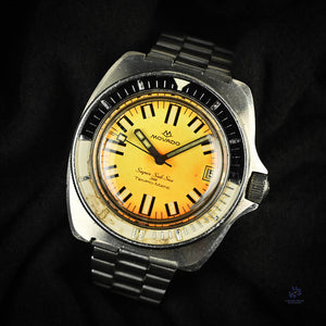 Movado Super Sub Sea 300 - Cushion Case - Orange Dial - Bakelite Bezel - c.1971 - Vintage Watch Specialist