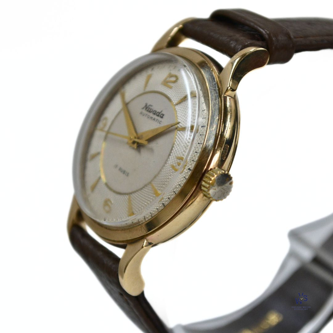Nivada Automatic 17 Rubis Gilt Engine Turned Dial 9ct Gold Den Vintage Watch Specialist