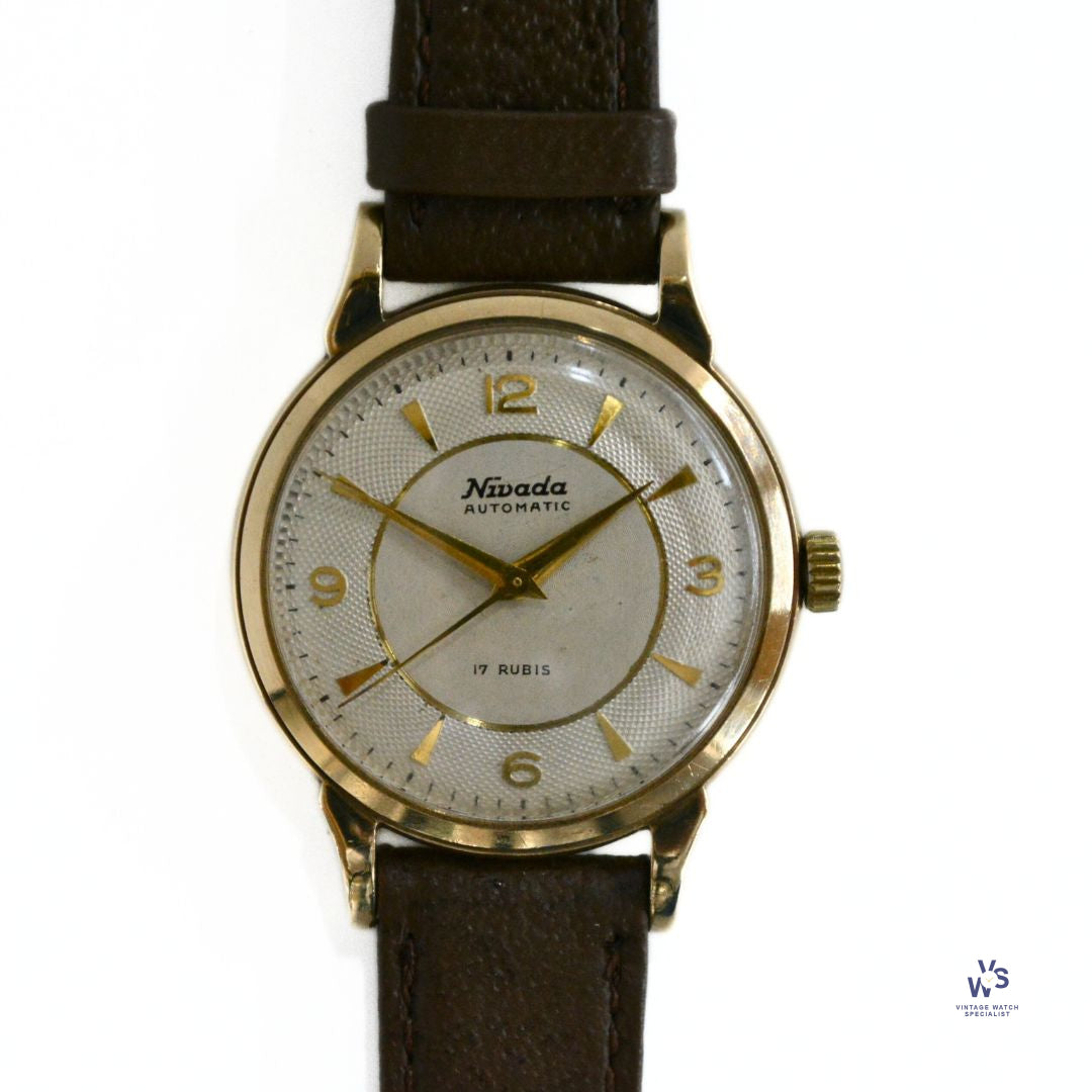Nivada Automatic 17 Rubis Gilt Engine Turned Dial 9ct Gold Den Vintage Watch Specialist