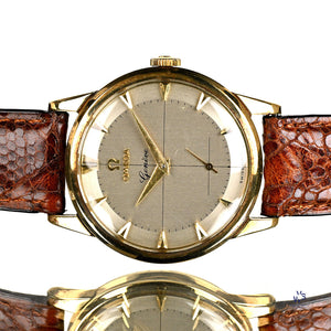 Omega 9k Gold Geneve Dress Watch Model ref: 13332 Cross Hair Dial c.1950s Vintage Watch Specialist