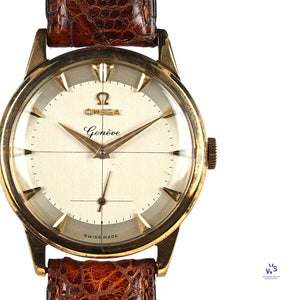 Omega 9k Gold Geneve Dress Watch Model ref: 13332 Cross Hair Dial c.1950s Vintage Watch Specialist
