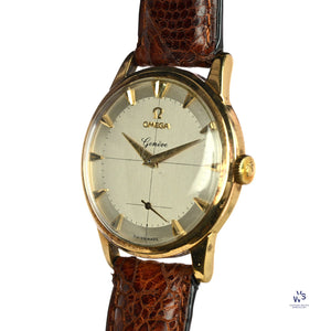 Omega 9k Gold Geneve Dress Watch Model ref: 13332 Cross Hair Dial c.1950s Vintage Watch Specialist