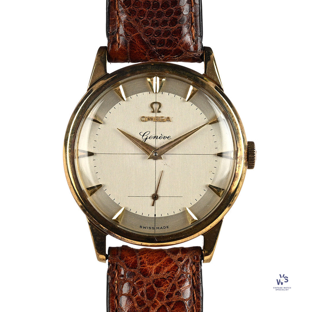Omega 9k Gold Geneve Dress Watch Model ref: 13332 Cross Hair Dial c.1950s Vintage Watch Specialist