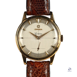 Omega 9k Gold Geneve Dress Watch Model ref: 13332 Cross Hair Dial c.1950s Vintage Watch Specialist