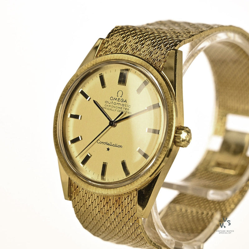 Omega Constellation 18k - Milanese Mesh Bracelet - c.1966 - Original Box and Purchase Receipt - Vintage Watch Specialist