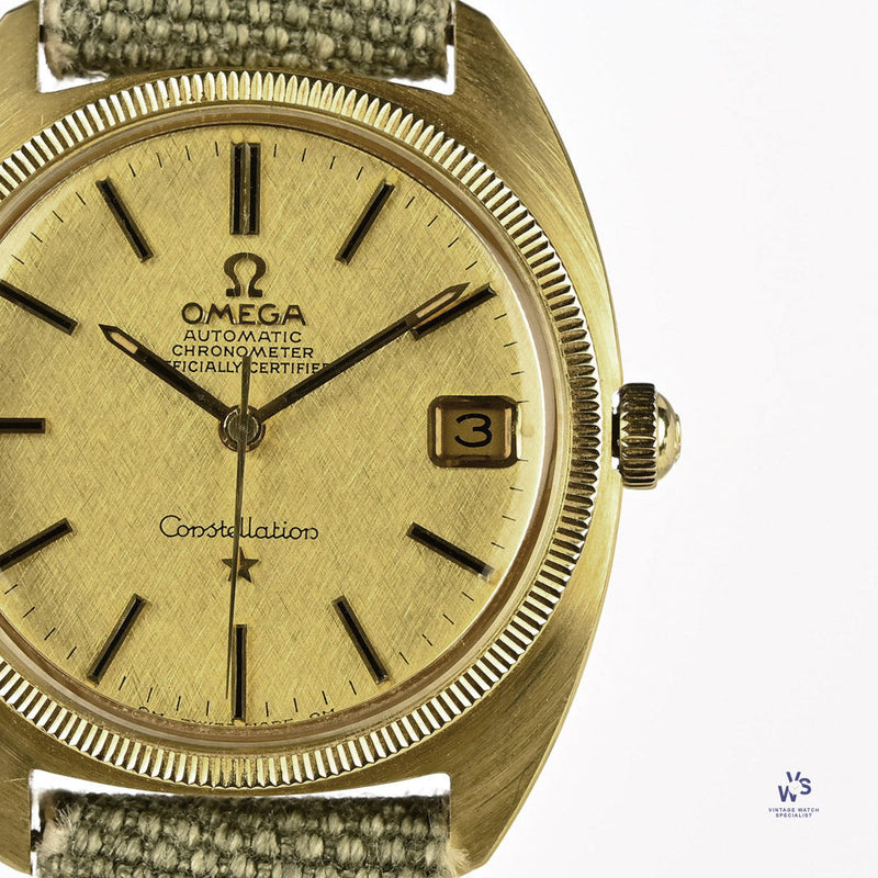Omega Constellation C Case - Model Ref: 168.027 18K Gold Solid Linen Textured Dial 1969 Vintage Watch Specialist